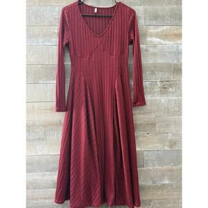 Halara Ribbed Knit V Neck Long Sleeve Flare Midi Casual Dress, M. NWT